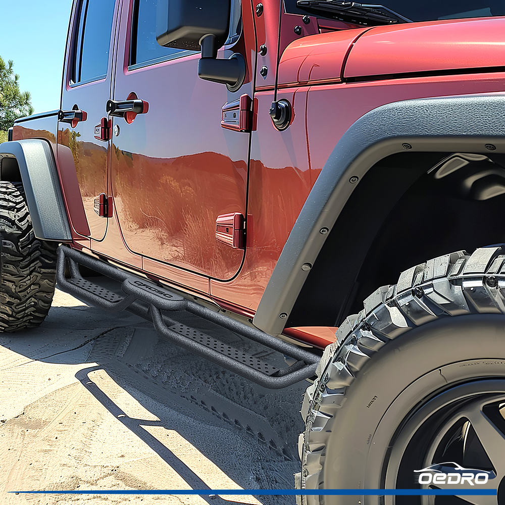 Side view of OEDRO Heavy-Duty Running Boards for 2007-2018 Jeep Wrangler JK JKU 4-Door, Black Powder-Coated Carbon Steel, Dual-Step Nerf Bars Bolt-On Installation
