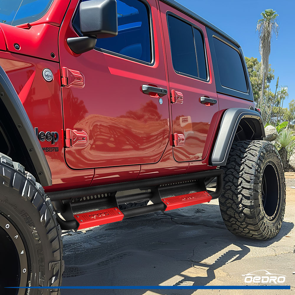 Side view of OEDRO Running Boards for 2018-2026 Jeep Wrangler JL Unlimited 4 Door, All Steel Black and Red Nerf Bar