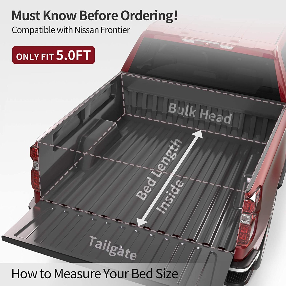 Side view of OEDRO 5Ft Soft Roll Up Truck Bed Tonneau Cover for 2005-2026 Nissan Frontier (ONLY for Models with Utili-Track System)