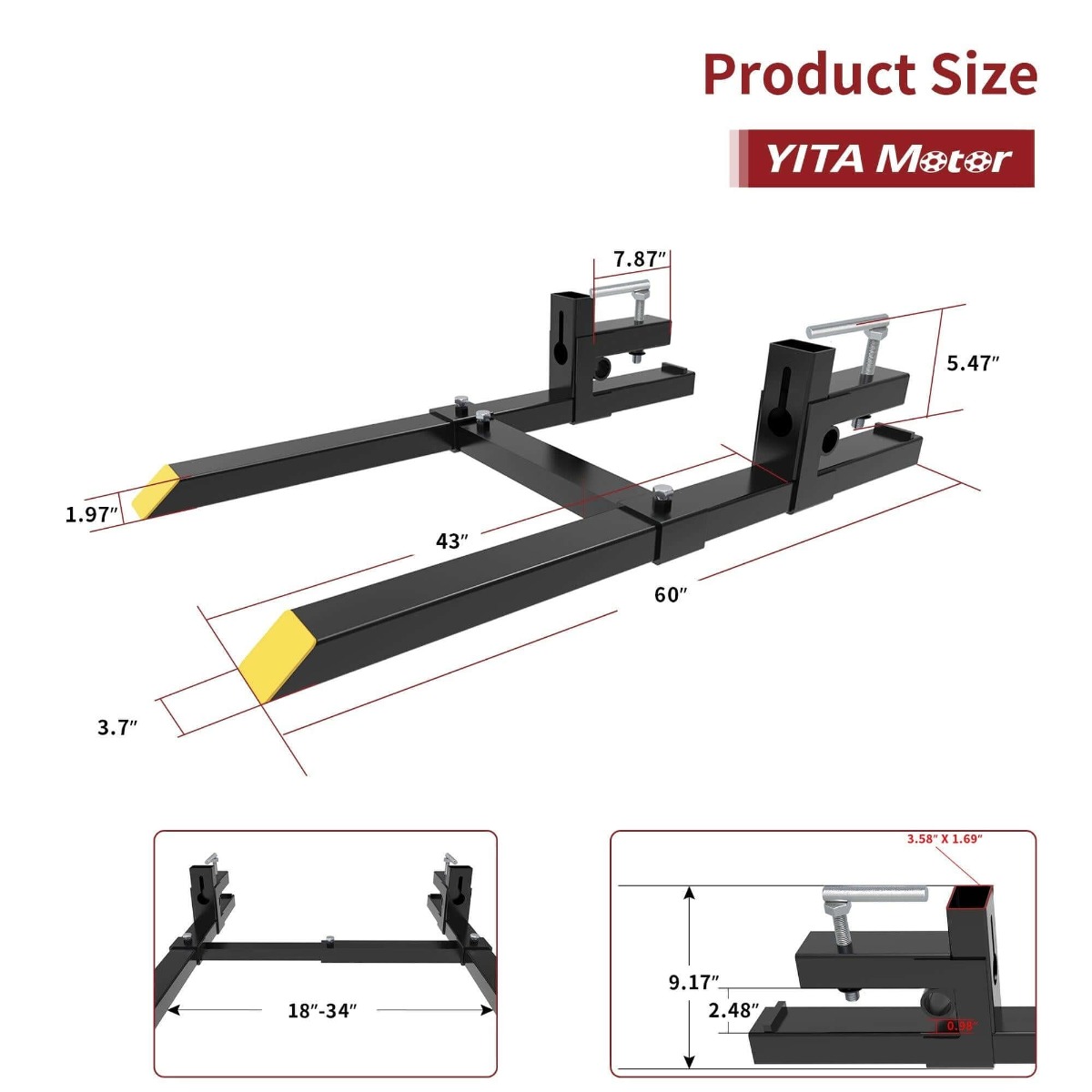 Side view of YITAMOTOR® 4000lbs Clamp on 60" Pallet Forks with Adjustable Stabilizer Bar