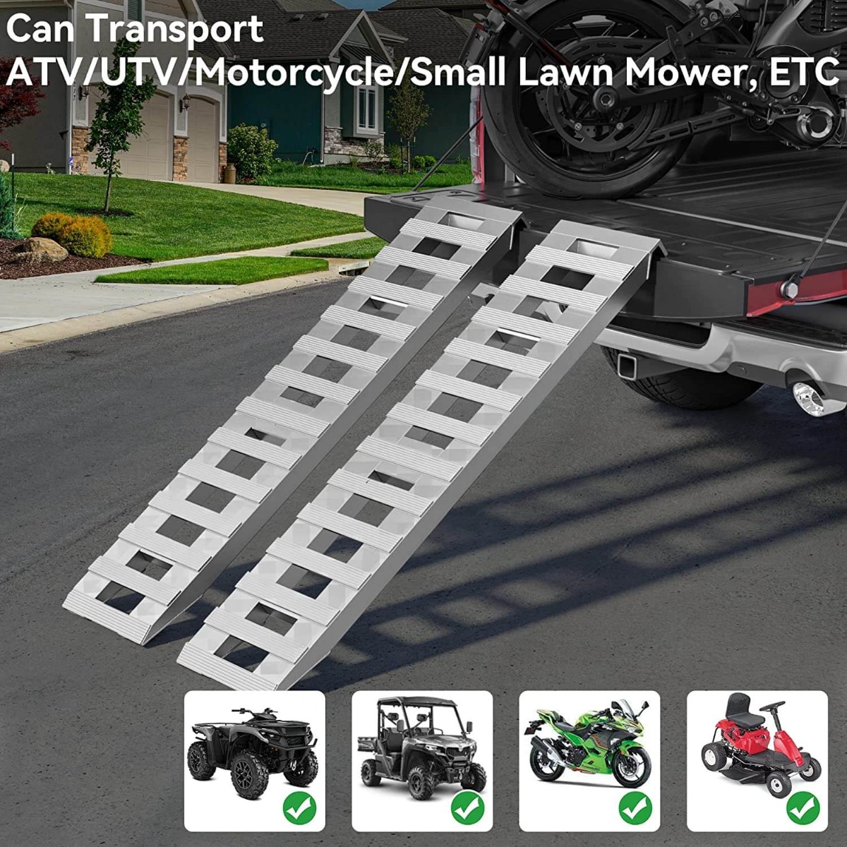 Side view of YITAMOTOR® 60''x12'' Aluminum Trailer Ramps 6000LBS Car Trailer Truck Hook End 2 Loading Ramps