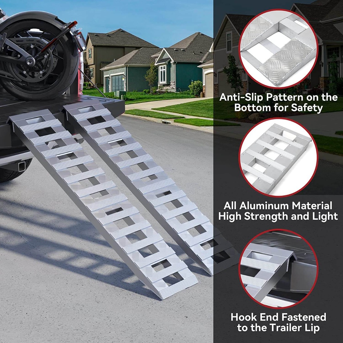 Side view of YITAMOTOR® 60''x12'' Aluminum Trailer Ramps 6000LBS Car Trailer Truck Hook End 2 Loading Ramps