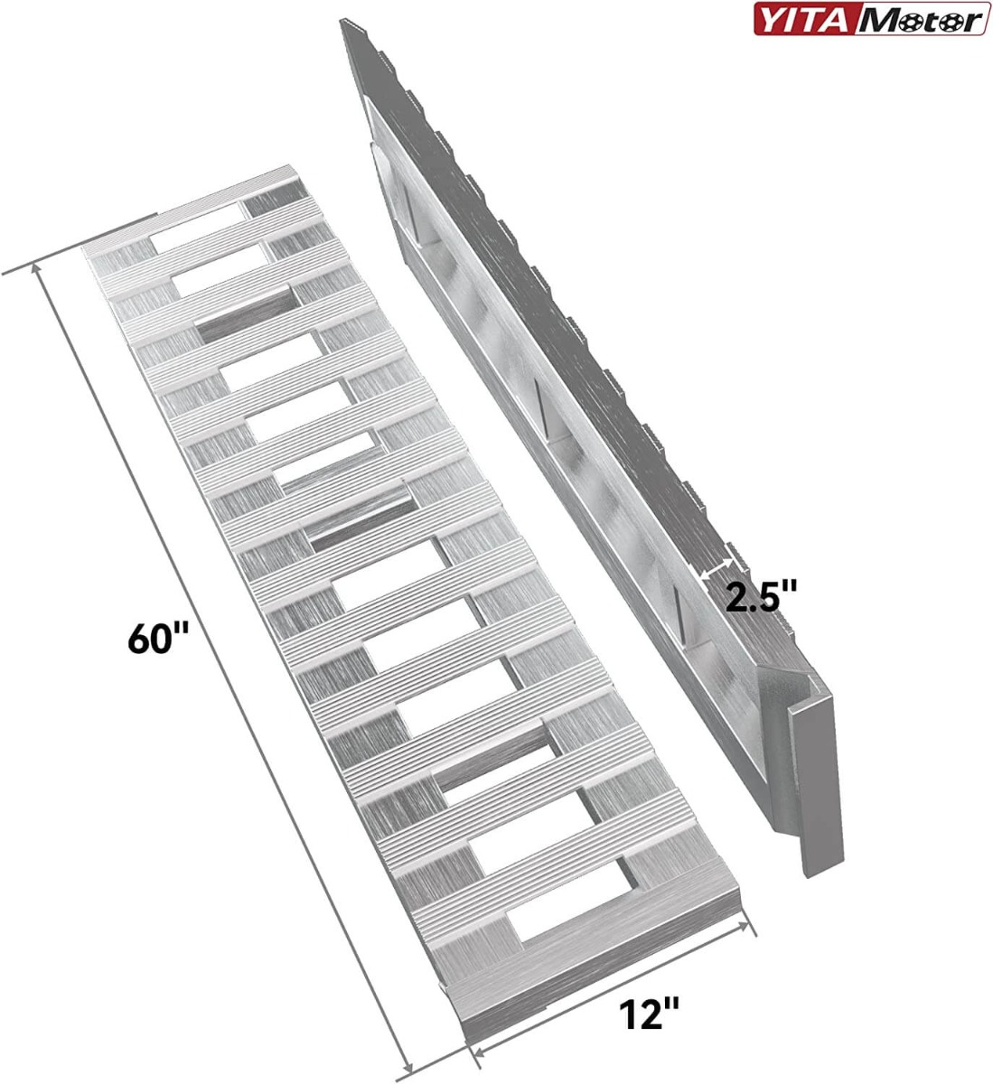 Side view of YITAMOTOR® 60''x12'' Aluminum Trailer Ramps 6000LBS Car Trailer Truck Hook End 2 Loading Ramps