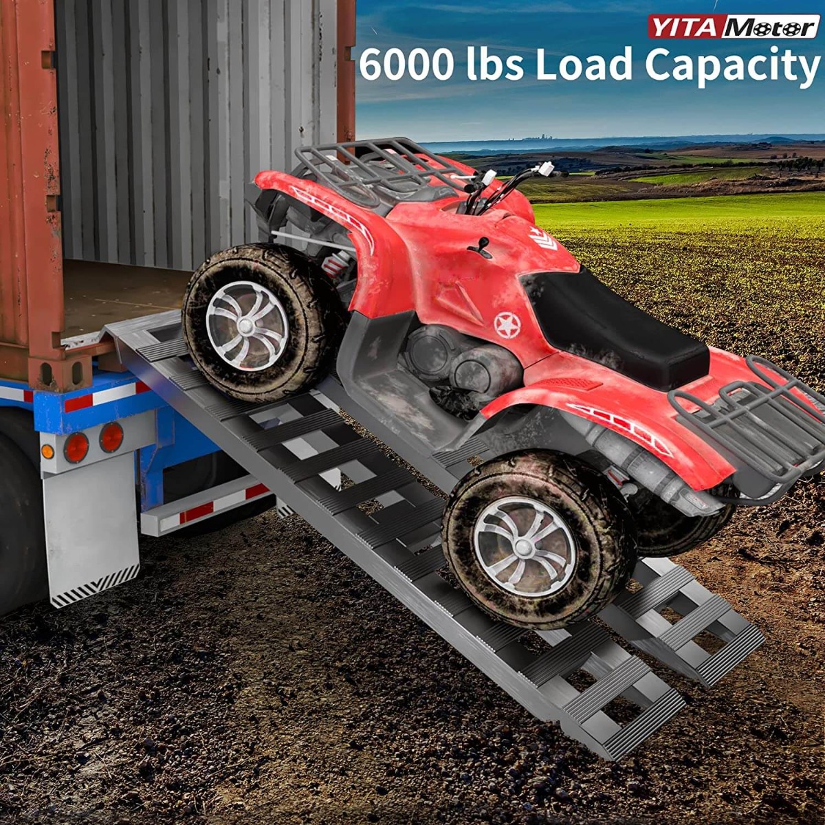 Side view of YITAMOTOR® 60''x12'' Aluminum Trailer Ramps 6000LBS Car Trailer Truck Hook End 2 Loading Ramps