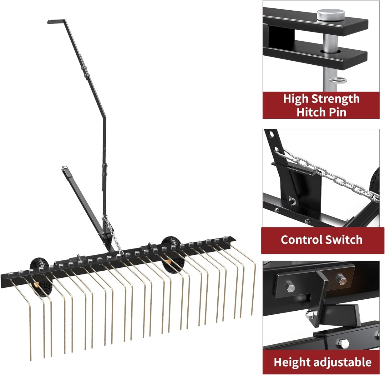 Side view of YITAMOTOR® 60" ATV Tow Behind Lawn Rake Durable Corrosion Resistant Steel Pine Straw Rake