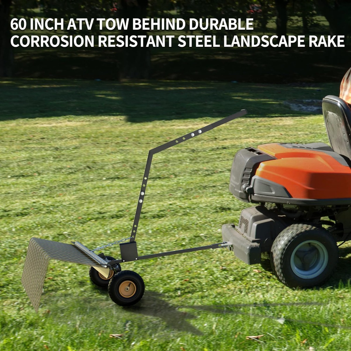 Side view of YITAMOTOR® 60" ATV Tow Behind Lawn Rake Durable Corrosion Resistant Steel Pine Straw Rake