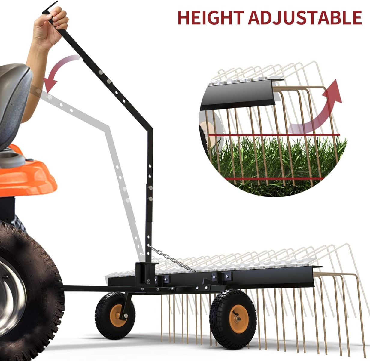 Side view of YITAMOTOR® 60" ATV Tow Behind Lawn Rake Durable Corrosion Resistant Steel Pine Straw Rake