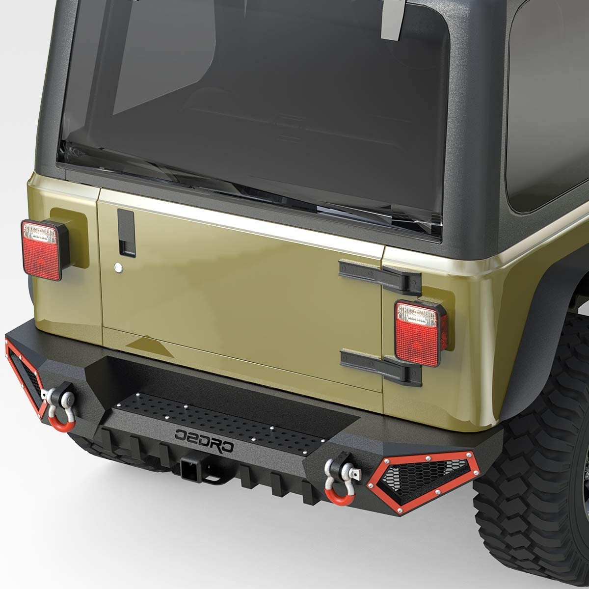 Side view of OEDRO Rear Bumper for 1987-2006 Jeep Wrangler TJ & YJ,  with Hitch Receiver & 2 x D-Rings, Textured Black