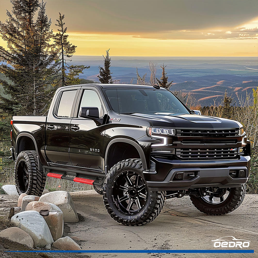 Side view of OEDRO® Running Boards for 2019-2026 Chevy Silverado/GMC Sierra 1500 Crew Cab, 2020-2026 Silverado/Sierra 2500HD 3500HD Crew Cab