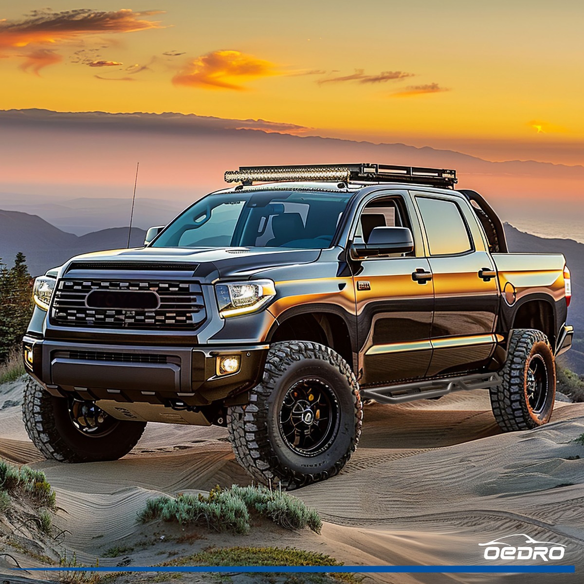 Side view of OEDRO® Running Boards for 2022-2026 Toyota Tundra Crewmax Cab with Two Stairs Design All-Steel Build, Bolt-on Side Steps