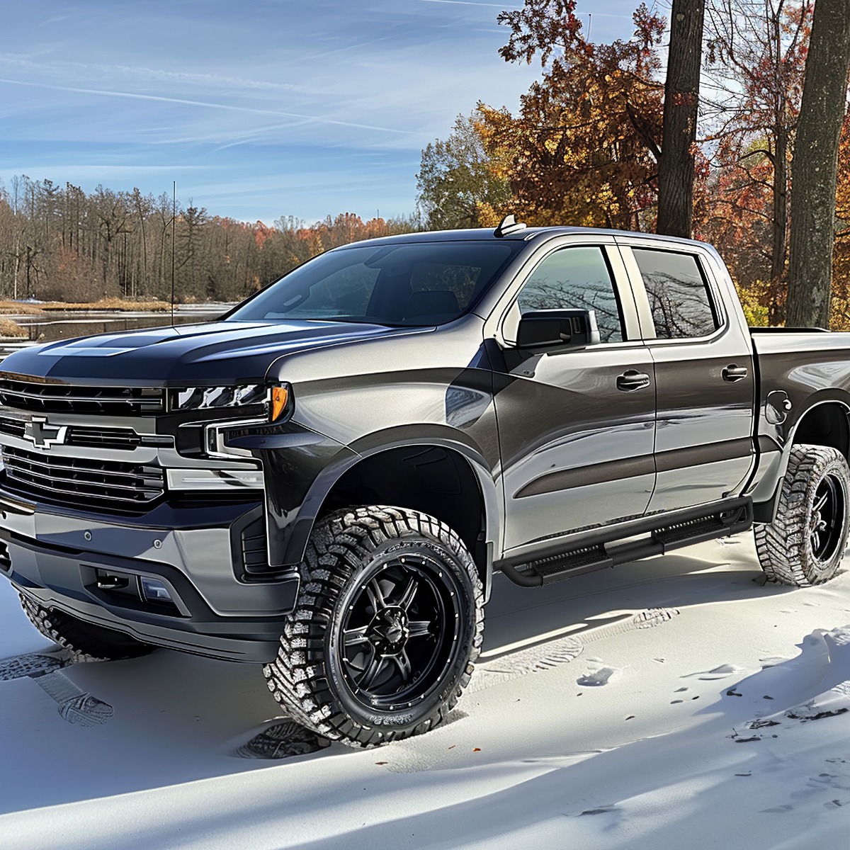 Side view of OEDRO®  6 Inches Running Boards Powder Coated Black Nerf Bars for 2019-2025 Chevy Silverado/GMC Sierra 1500 Crew Cab, 2020-2025 Silverado/Sierra 2500H