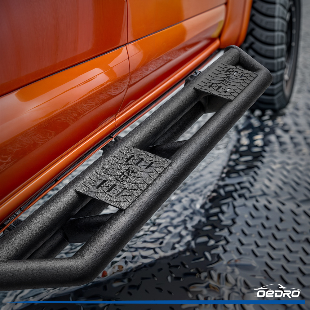 Side view of OEDRO Running Boards for 2019-2026 Dodge Ram 1500 Crew Cab (Not For Classic Models), Textured Black Heavy Duty Side Steps