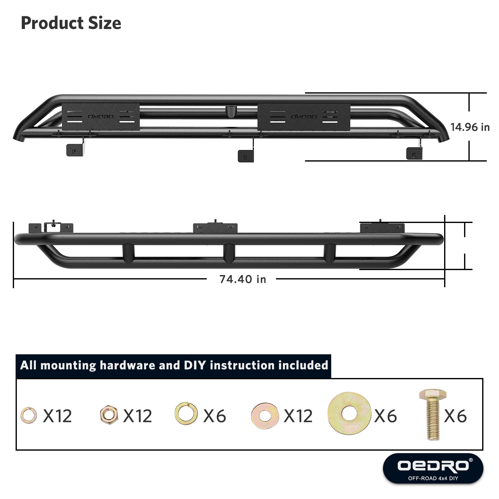 Side view of OEDRO 6" Running Boards for 2018-2026 Jeep Wrangler JL & Unlimited 4 Door