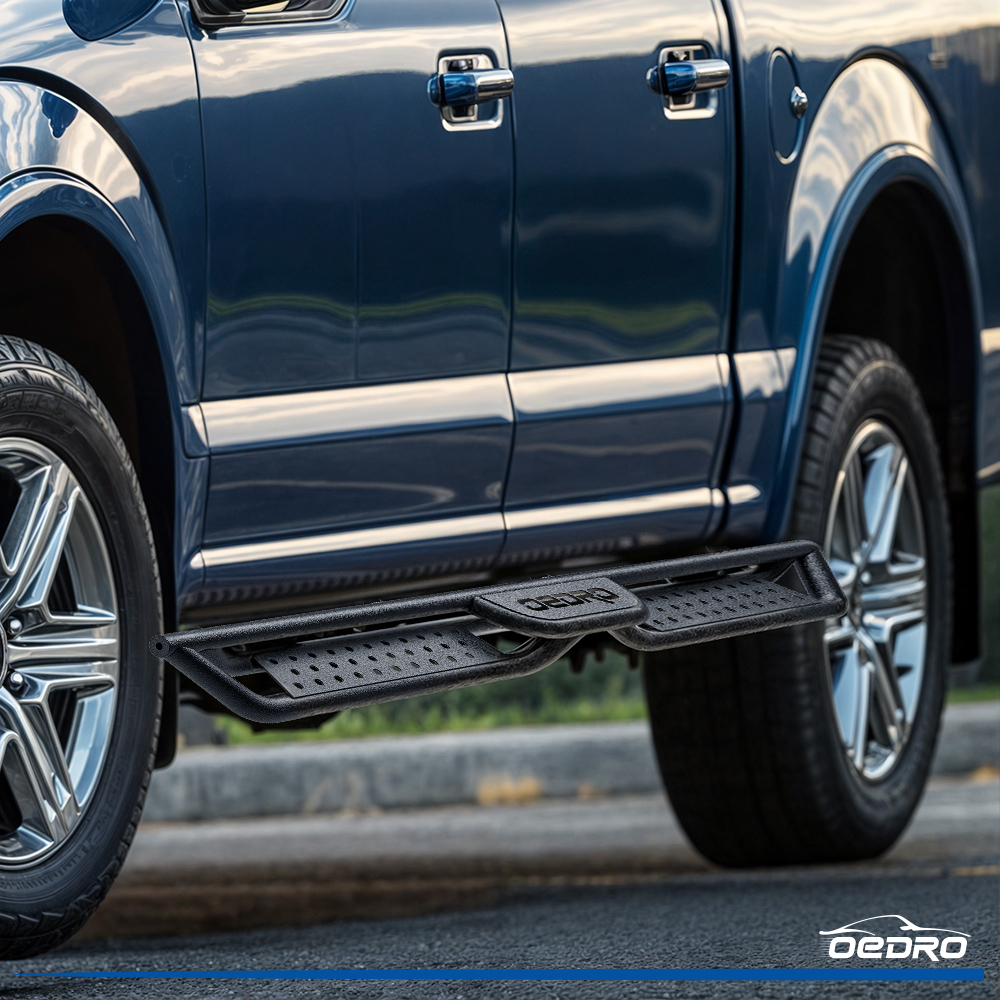 Side view of OEDRO Running Boards for 2007-2021 Toyota Tundra CrewMax Cab, Bolt-on Two Stairs Side Steps Steel Nerf Bar