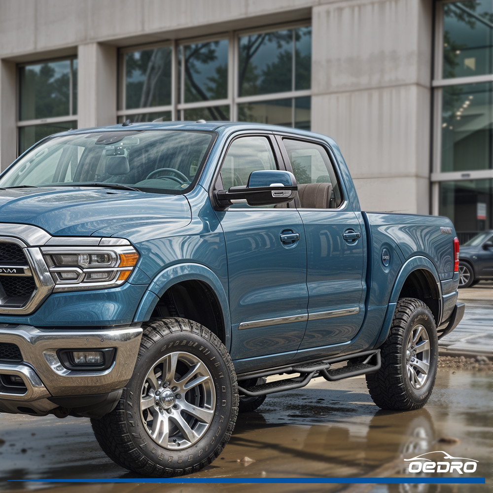 Side view of OEDRO Running Boards for 2009-2018 Dodge Ram 1500 Crew Cab, 2019-2024 Dodge Ram 1500 Classic Crew Cab, 2010-2026  Dodge Ram 2500/3500 Steps Nerf Bar