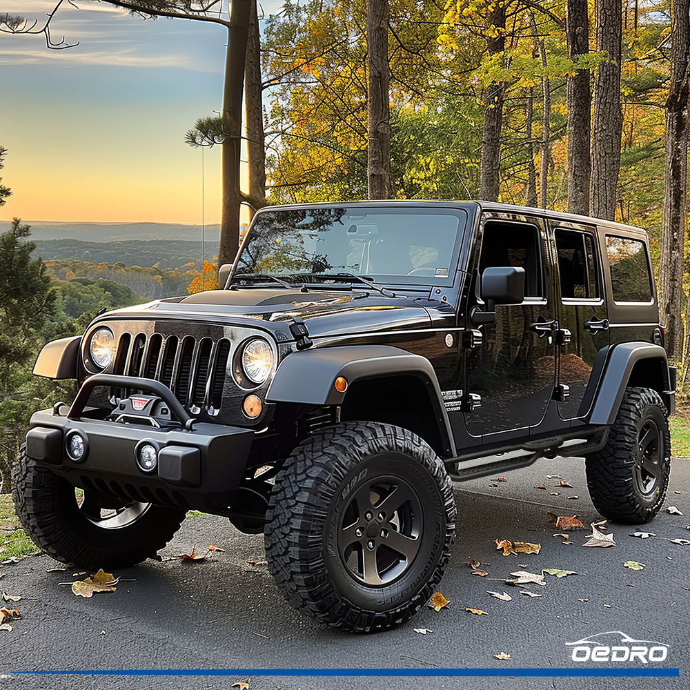 Side view of OEDRO Heavy-Duty Running Boards for 2007-2018 Jeep Wrangler JK JKU 4-Door, Black Powder-Coated Carbon Steel, Dual-Step Nerf Bars Bolt-On Installation