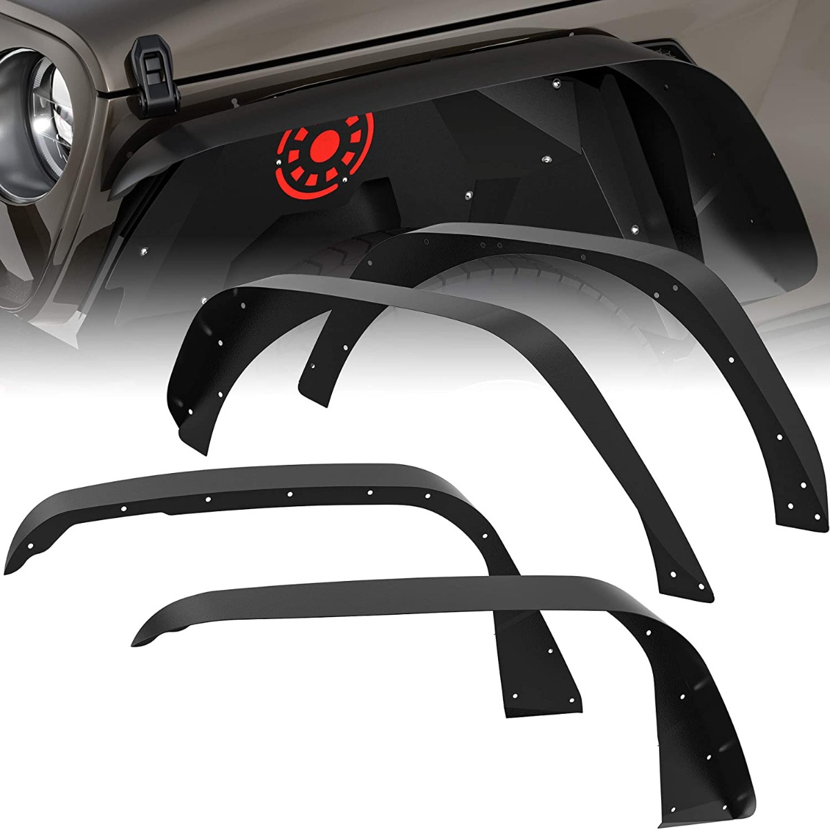 Side view of OEDRO 4 PCS Flat Front & Rear Fender Flares for 2018-2026 Jeep Wrangler JL & JLU (2 Door/4 Door), Off-Road Metal Steel Wheel Flares Liner