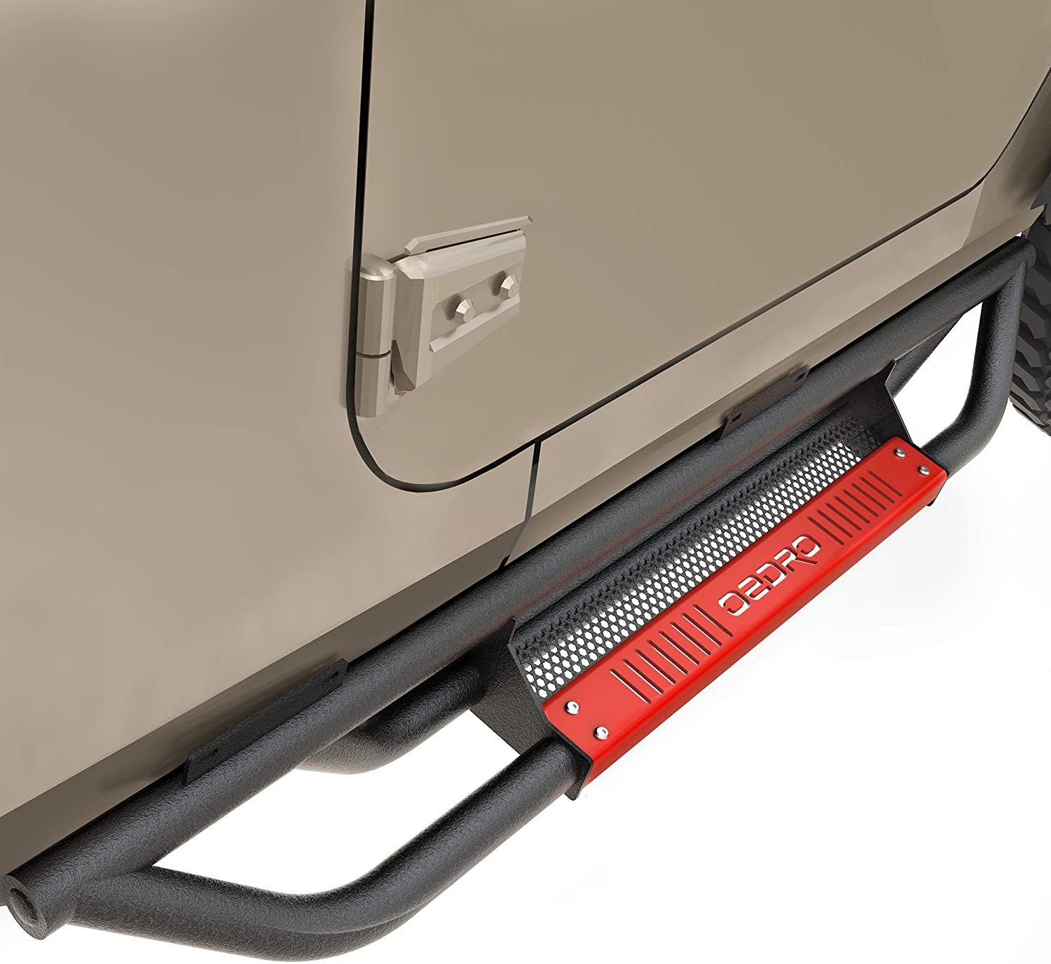 Side view of OEDRO 6" Running Boards for 2007-2018 Jeep Wrangler JK 2 Door, Black Red Powder Coated Nerf Bar
