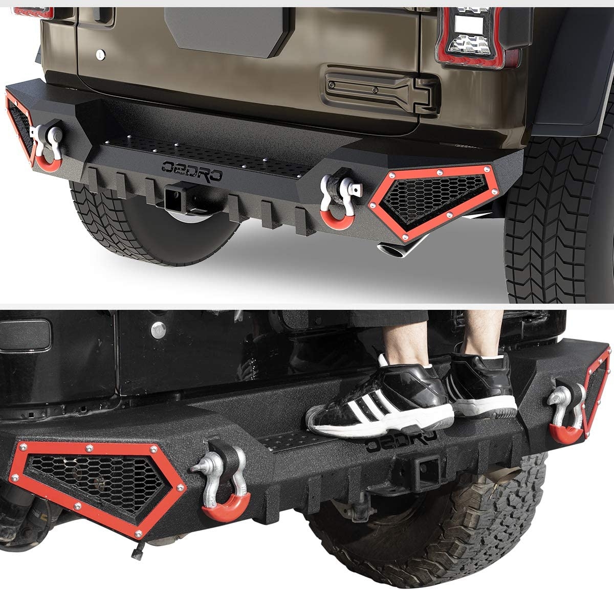 Side view of OEDRO Rear Bumper for 2018-2025 Jeep Wrangler JL & Unlimited JLU (2/4 Doors), with Hitch Receiver & 2x D-Rings