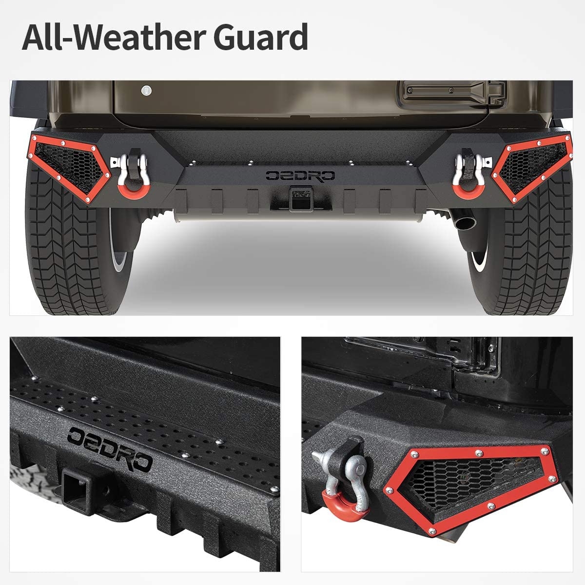 Side view of OEDRO Rear Bumper for 2018-2025 Jeep Wrangler JL & Unlimited JLU (2/4 Doors), with Hitch Receiver & 2x D-Rings