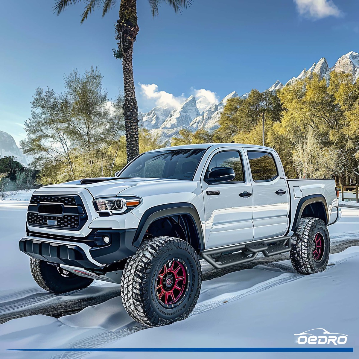 Side view of 6" Running Boards Compatible with 2024-2026 Toyota Tacoma Double/Crew Cab 4 Full-Size Doors, Two Stair Design Side Step Rails Carbon Steel Nerf Bars