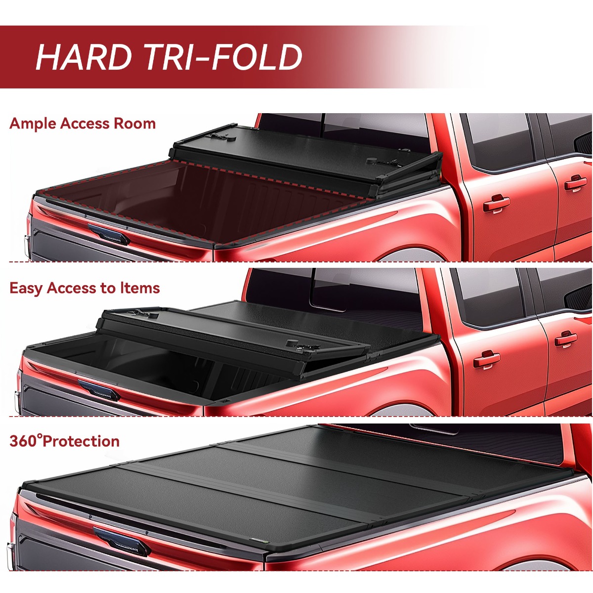 Side view of YITAMOTOR® Hard Tri-fold Truck Bed Tonneau Cover Compatible with 2022 2023 2024 2025 2026 Ford Maverick | 4.6'  Bed