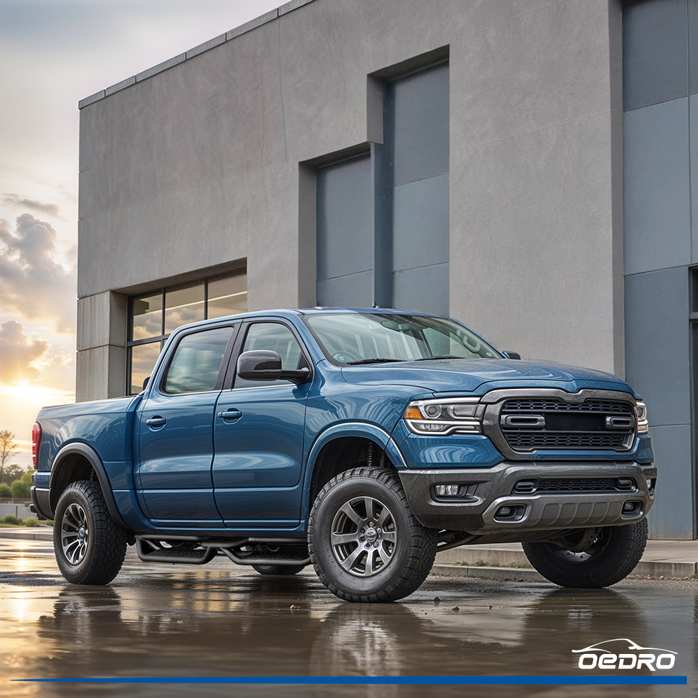 Side view of OEDRO Running Boards for 2009-2018 Dodge Ram 1500 Crew Cab, 2019-2024 Dodge Ram 1500 Classic Crew Cab, 2010-2026  Dodge Ram 2500/3500 Steps Nerf Bar