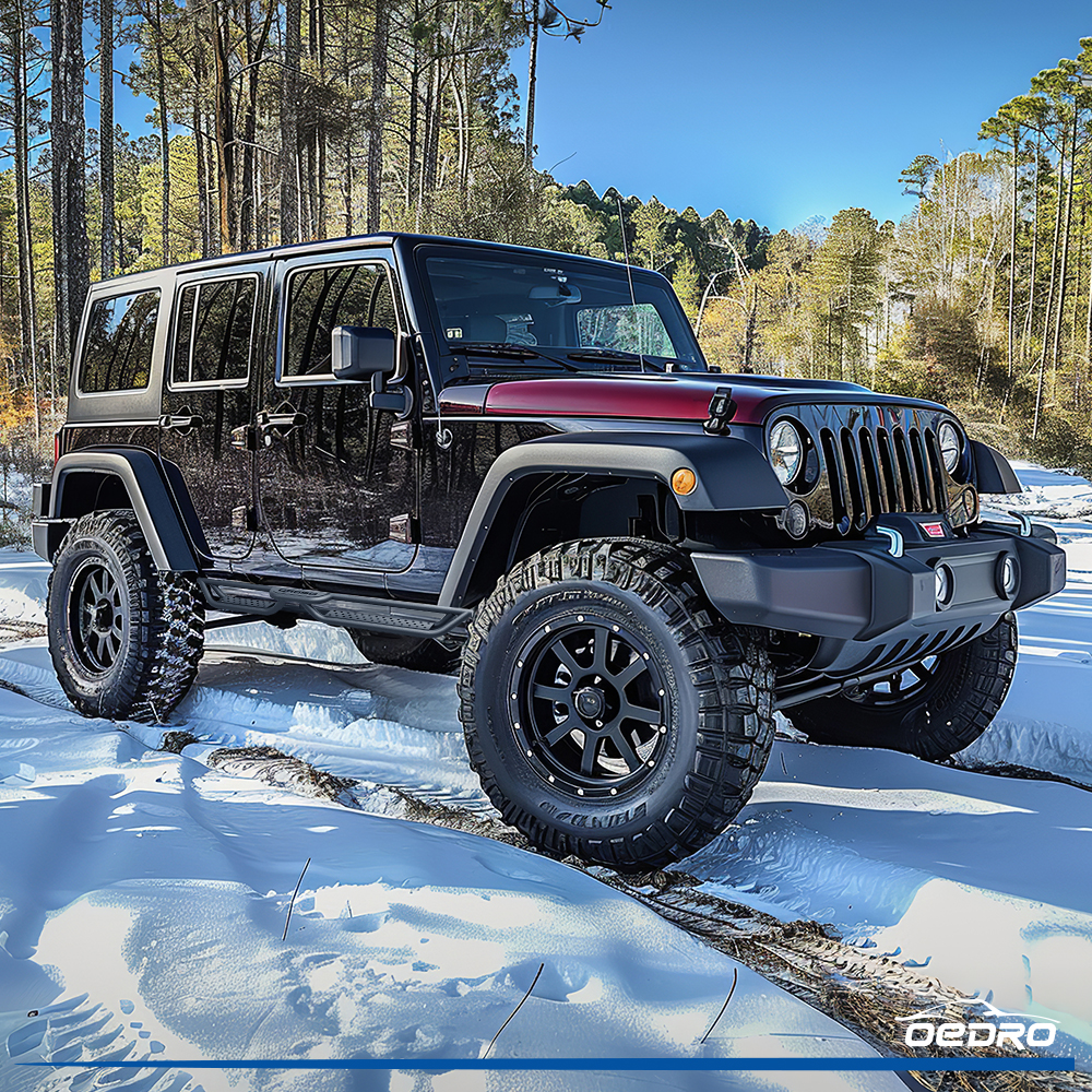 Side view of OEDRO Heavy-Duty Running Boards for 2007-2018 Jeep Wrangler JK JKU 4-Door, Black Powder-Coated Carbon Steel, Dual-Step Nerf Bars Bolt-On Installation