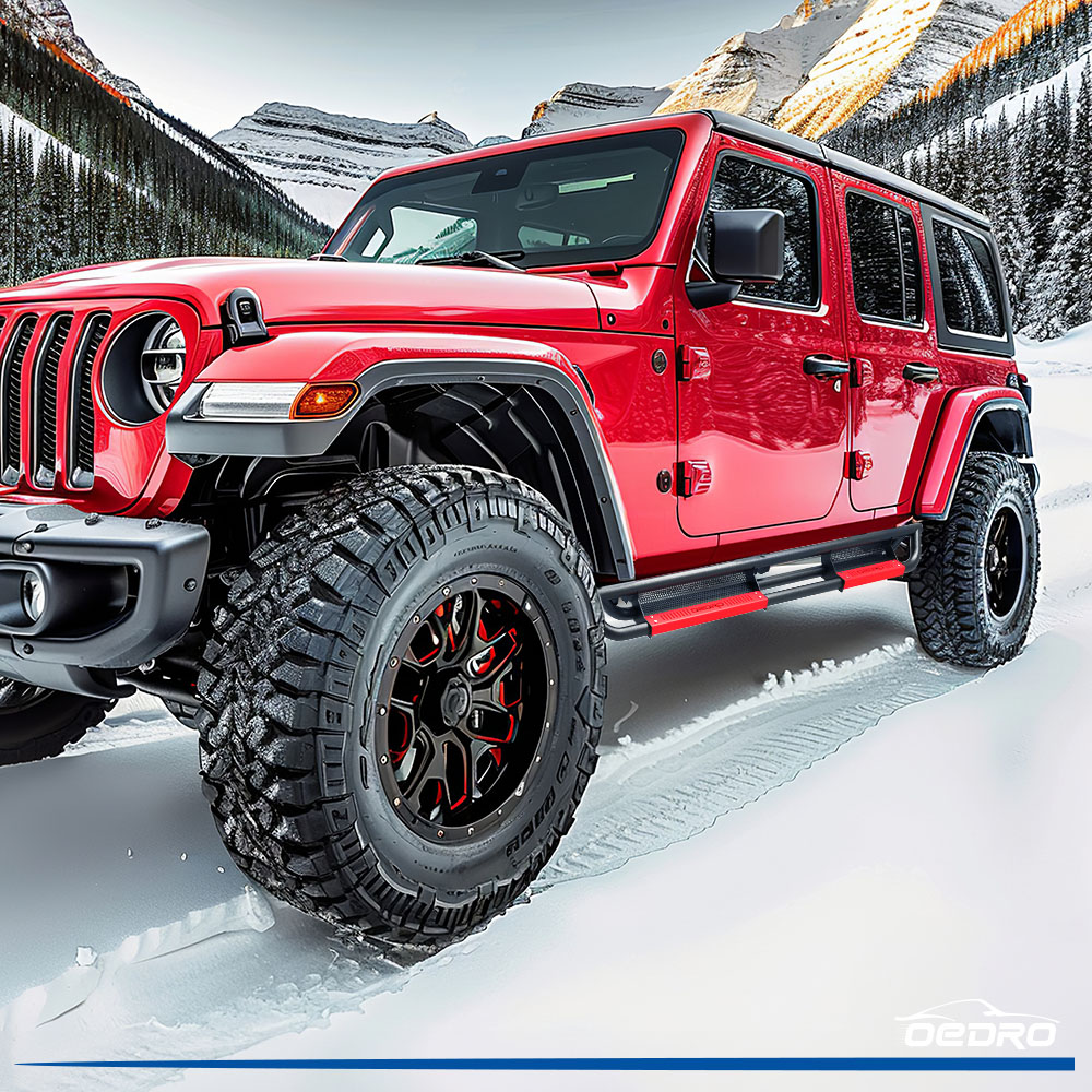 Side view of OEDRO Running Boards for 2018-2026 Jeep Wrangler JL Unlimited 4 Door, All Steel Black and Red Nerf Bar