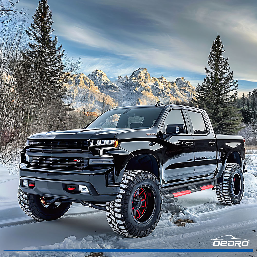 Side view of OEDRO® Running Boards for 2019-2026 Chevy Silverado/GMC Sierra 1500 Crew Cab, 2020-2026 Silverado/Sierra 2500HD 3500HD Crew Cab
