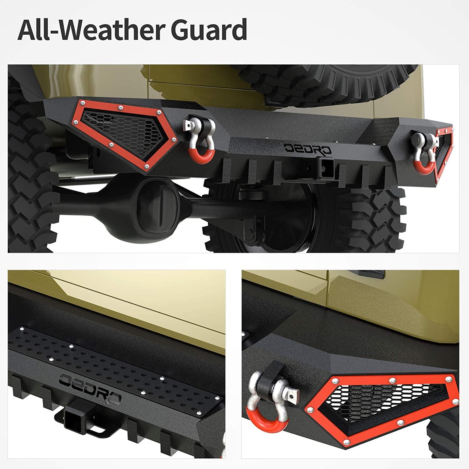 Side view of OEDRO Rear Bumper for 1987-2006 Jeep Wrangler TJ & YJ,  with Hitch Receiver & 2 x D-Rings, Textured Black