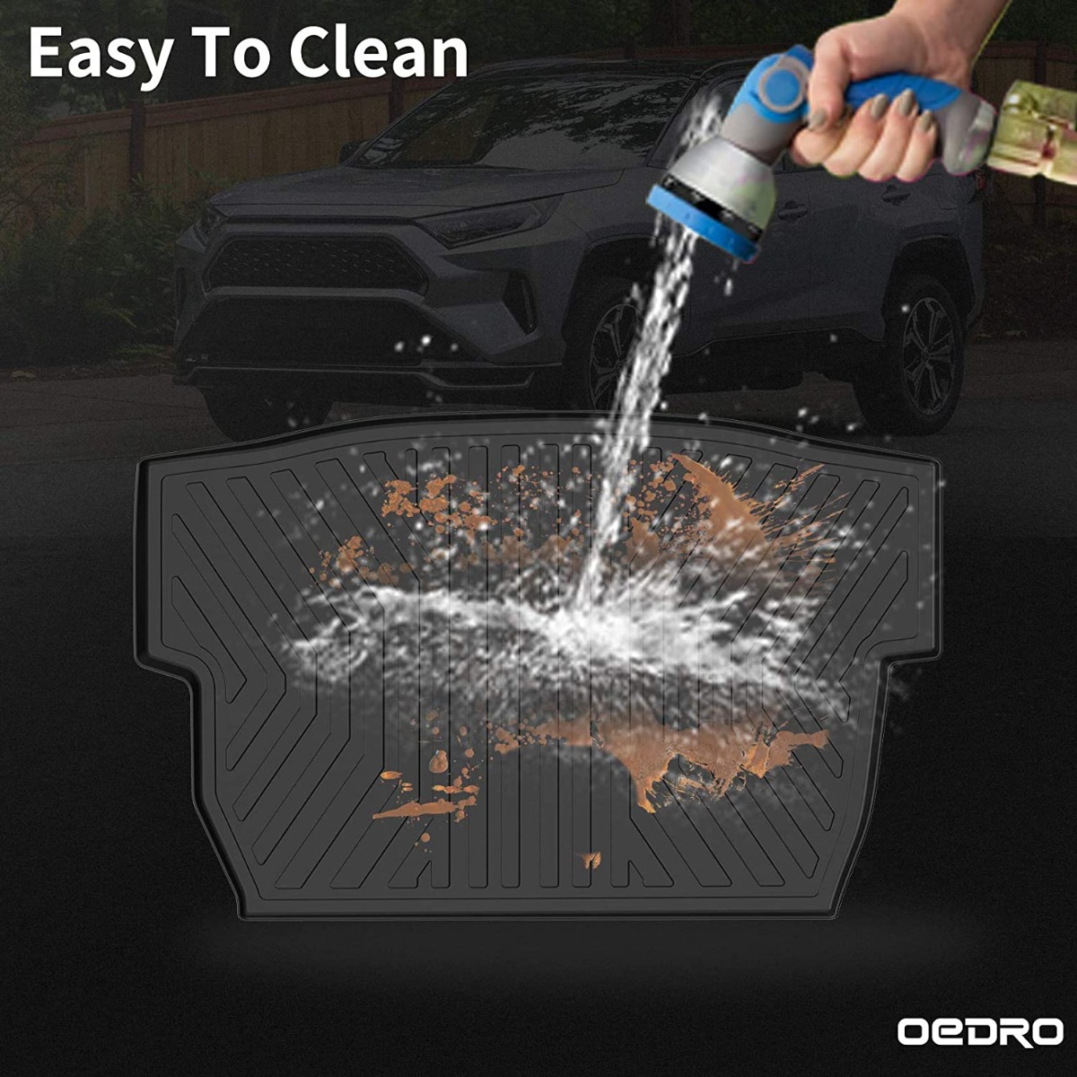 Side view of OEDRO Cargo Liner for 2019-2025 Toyota RAV4, Unique Black TPE All-Weather Guard Trunk Liner