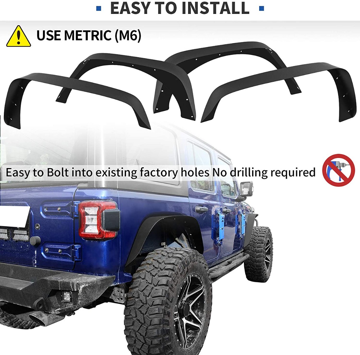 Side view of OEDRO 4 PCS Flat Front & Rear Fender Flares for 2018-2026 Jeep Wrangler JL & JLU (2 Door/4 Door), Off-Road Metal Steel Wheel Flares Liner