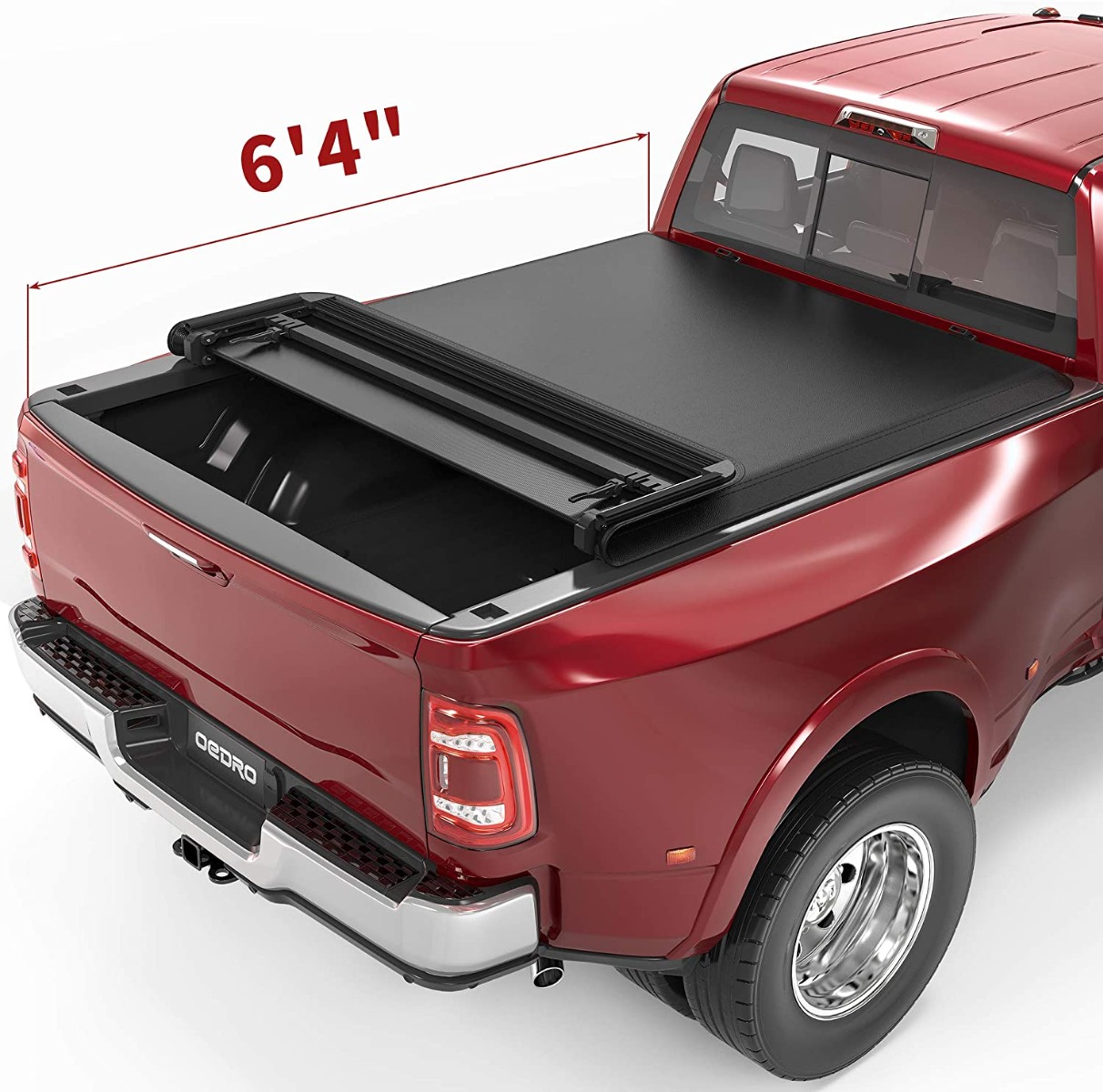 Side view of OEDRO 6.4FT Soft Quad Fold Tonneau Cover for 2002-2025 Dodge Ram 1500; 2003-2025 Dodge Ram 2500 3500 for Models w/o Ram Box