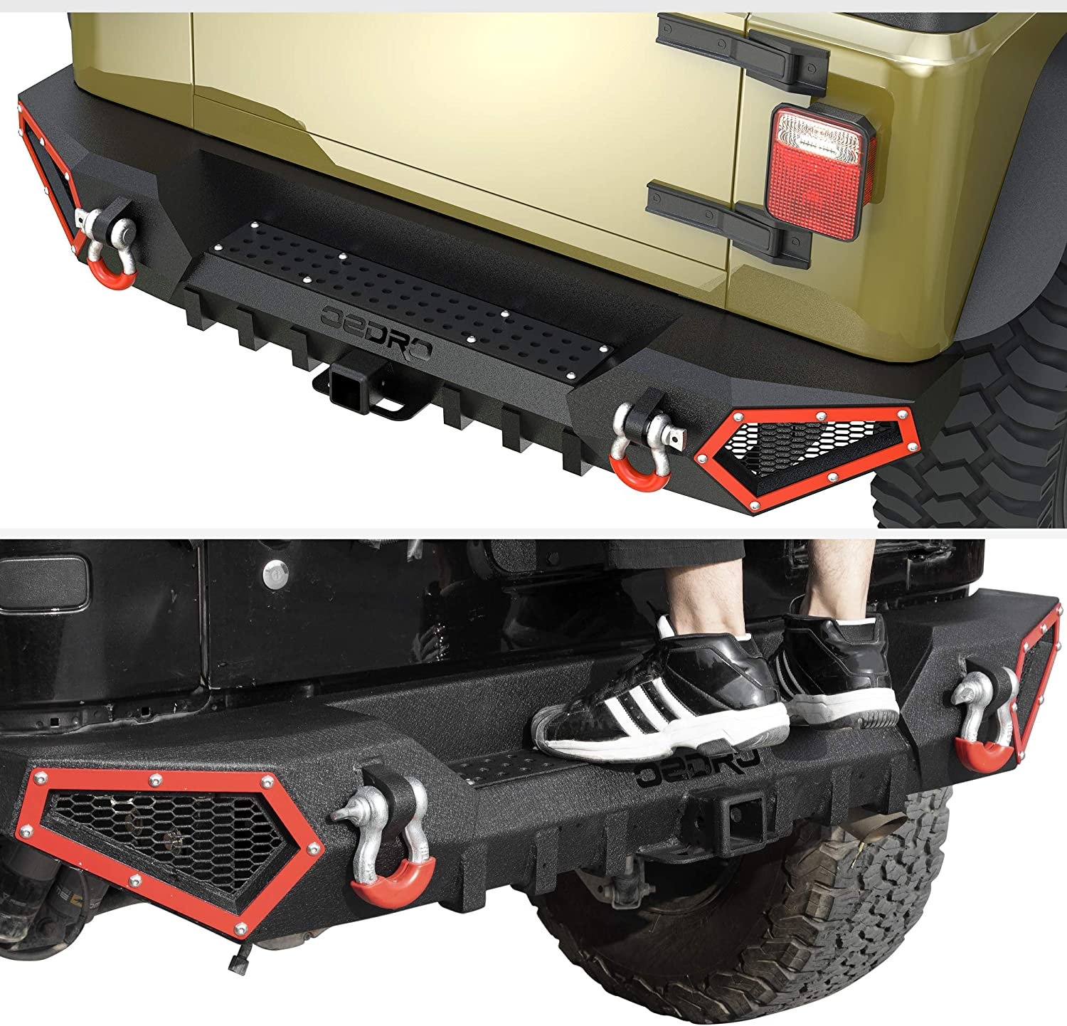 Side view of OEDRO Rear Bumper for 1987-2006 Jeep Wrangler TJ & YJ,  with Hitch Receiver & 2 x D-Rings, Textured Black