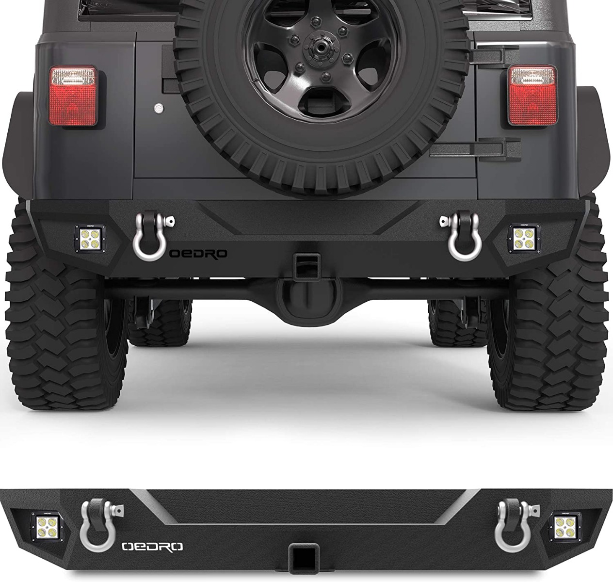Side view of OEDRO Rear Bumper for 1987-2006 Jeep Wrangler TJ & LJ & YJ, Rock Crawler with Hitch Receiver, LED Lights & D-Rings