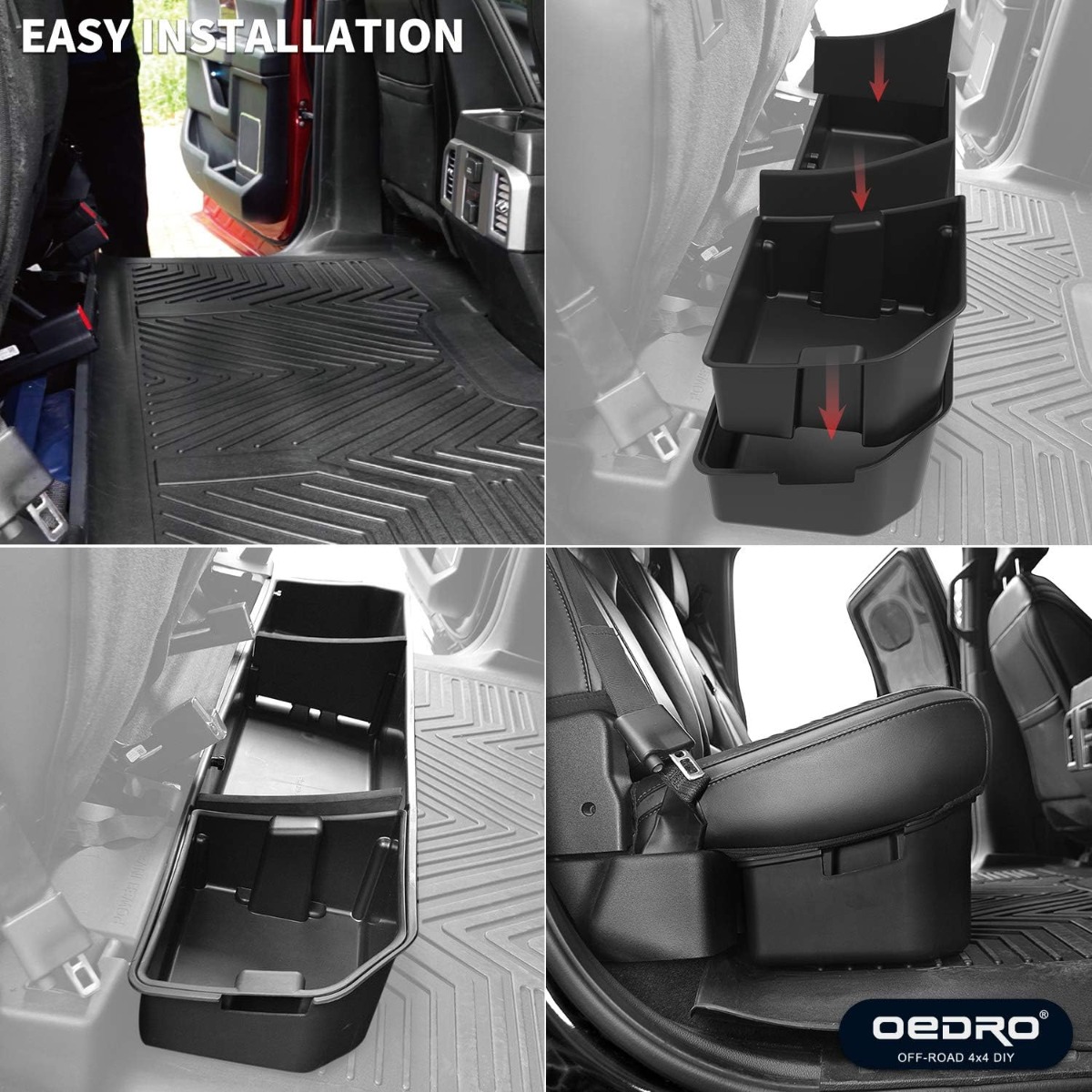 Side view of OEDRO Upgraded Under Seat Storage Box for 2015-2026 Ford F150 Super Crew Cab, 2 in 1 Design Black Organizers