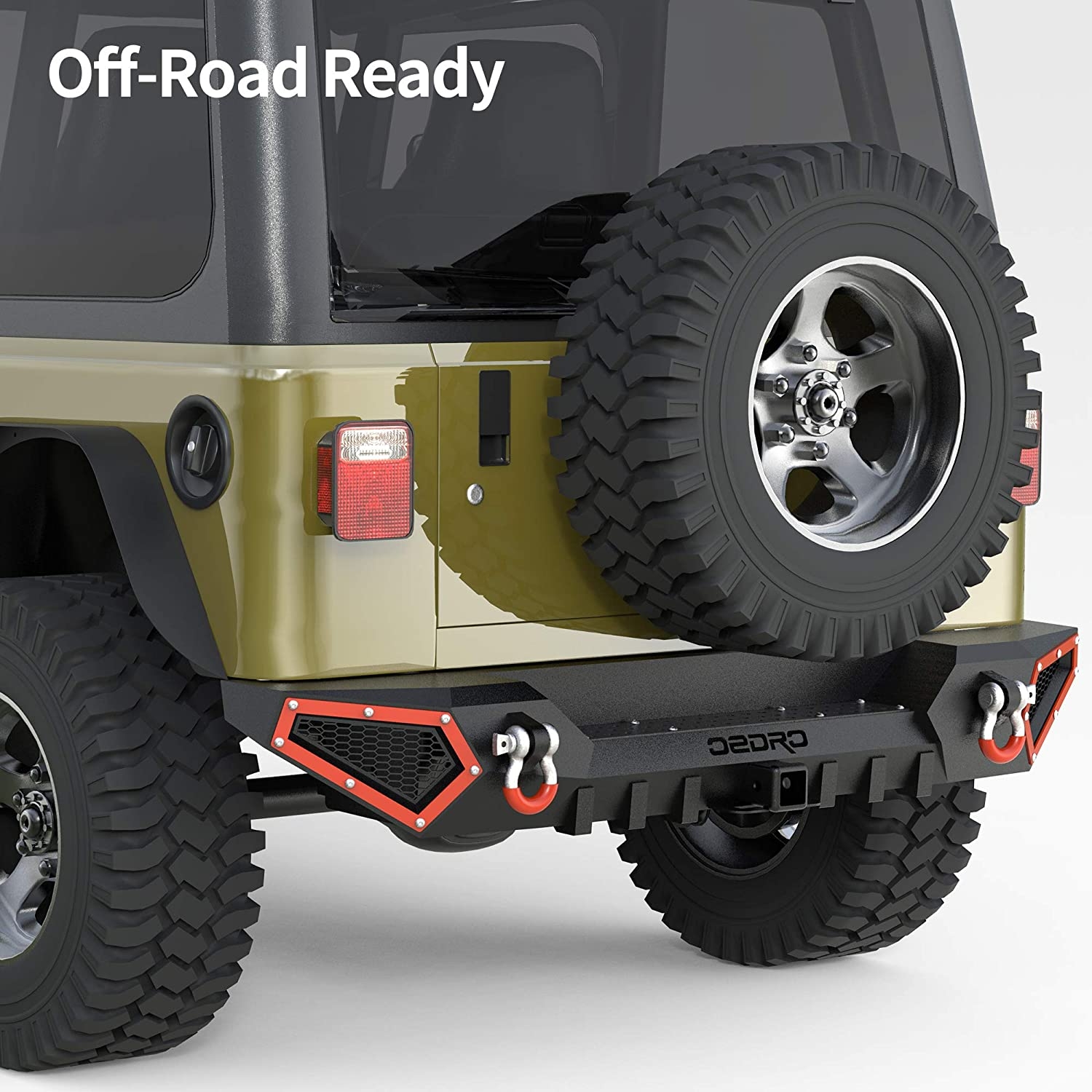 Side view of OEDRO Rear Bumper for 1987-2006 Jeep Wrangler TJ & YJ,  with Hitch Receiver & 2 x D-Rings, Textured Black