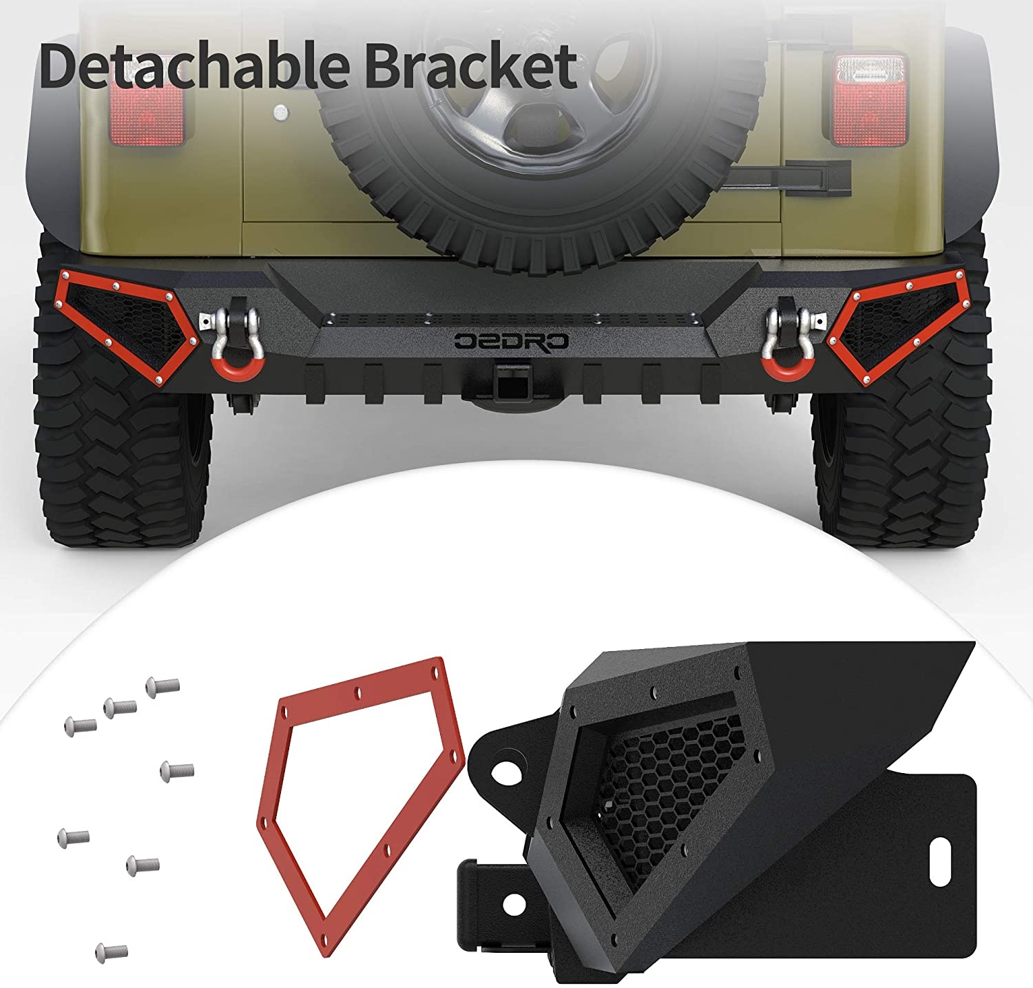 Side view of OEDRO Rear Bumper for 1987-2006 Jeep Wrangler TJ & YJ,  with Hitch Receiver & 2 x D-Rings, Textured Black