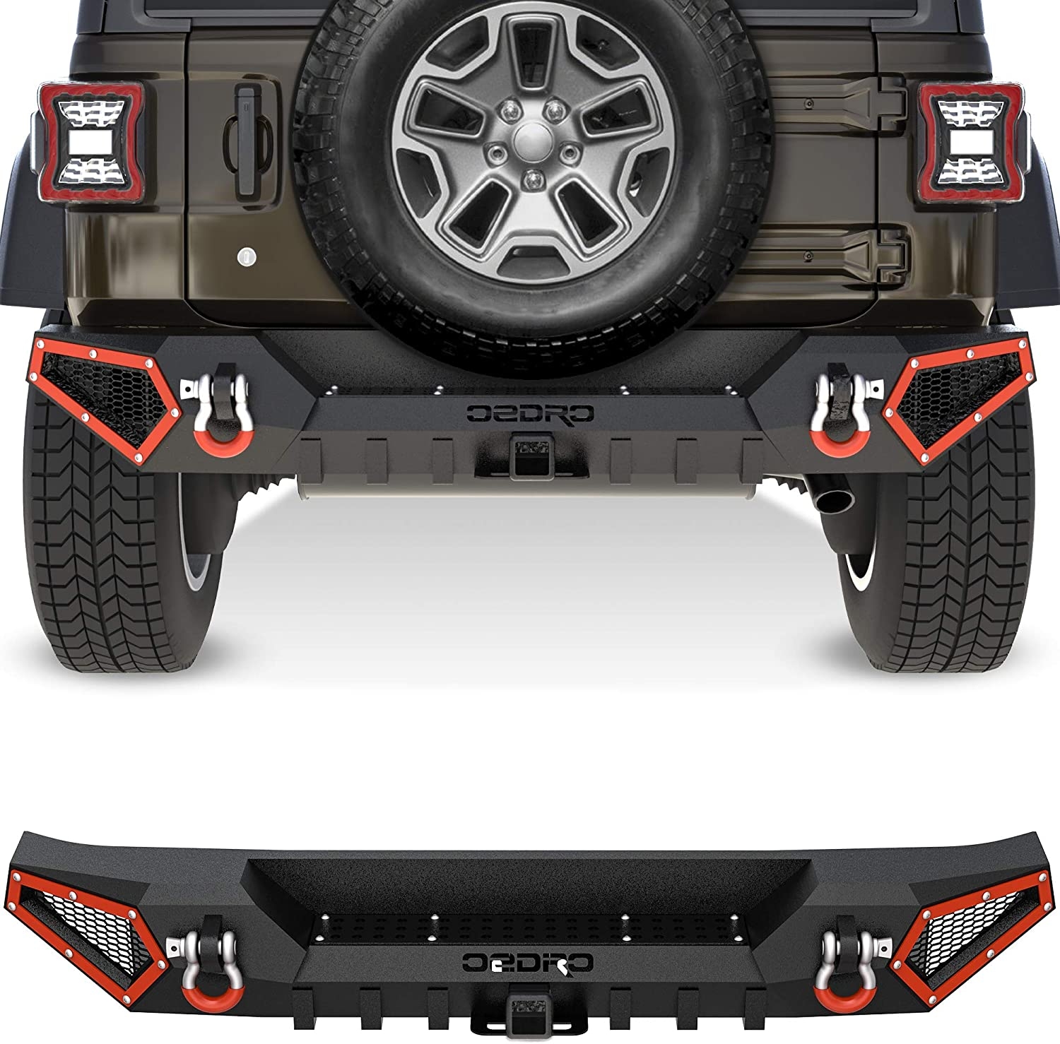 Side view of OEDRO Rear Bumper for 2018-2025 Jeep Wrangler JL & Unlimited JLU (2/4 Doors), with Hitch Receiver & 2x D-Rings