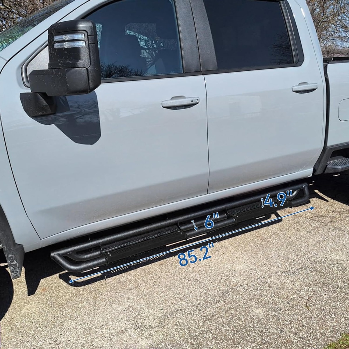 Side view of OEDRO®  6 Inches Running Boards Powder Coated Black Nerf Bars for 2019-2025 Chevy Silverado/GMC Sierra 1500 Crew Cab, 2020-2025 Silverado/Sierra 2500H