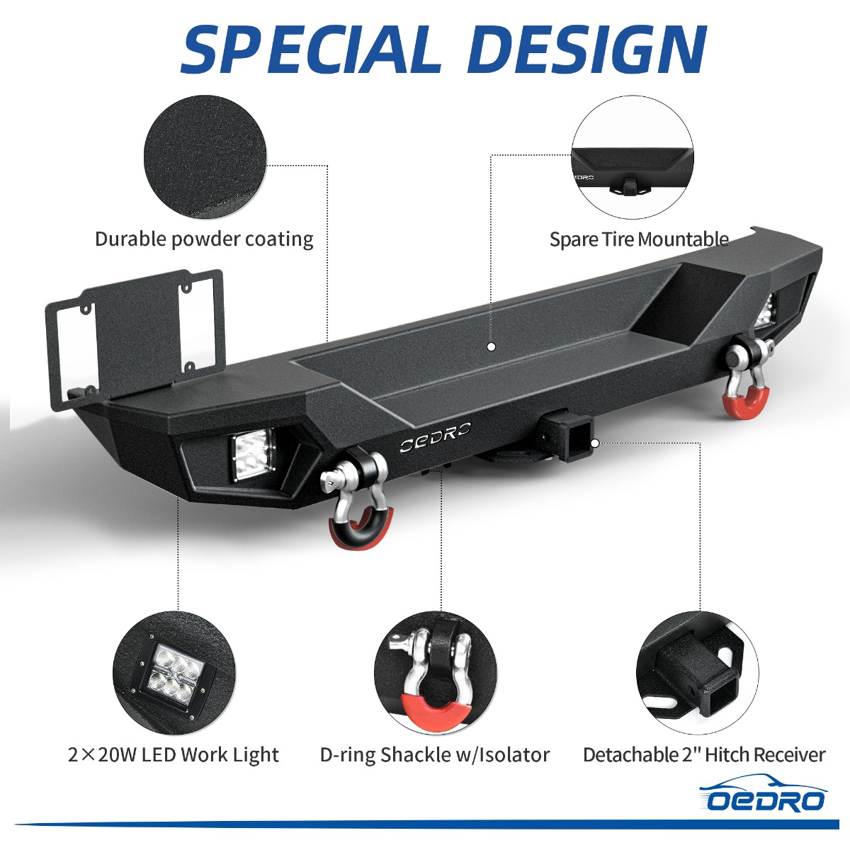 Side view of OEDRO Rear Bumper for 2018-2025 Jeep Wrangler JL, Rock Crawler Bumper with Hitch Receiver 2 x LED Lights & 2 x D-Rings (Not for JK)