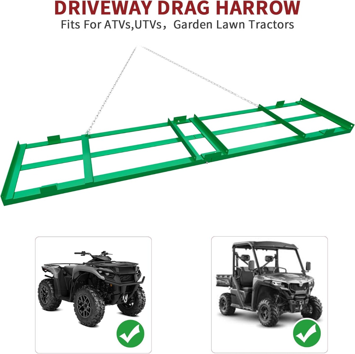 Side view of YITAMOTOR® 8 Ft Drag Harrow Driveway Grader Landscape Power Rake for ATV, UTV, Tractor, Mower Tow Behind Yard Lawn Leveling Tool with 6 Ft Heavy Duty
