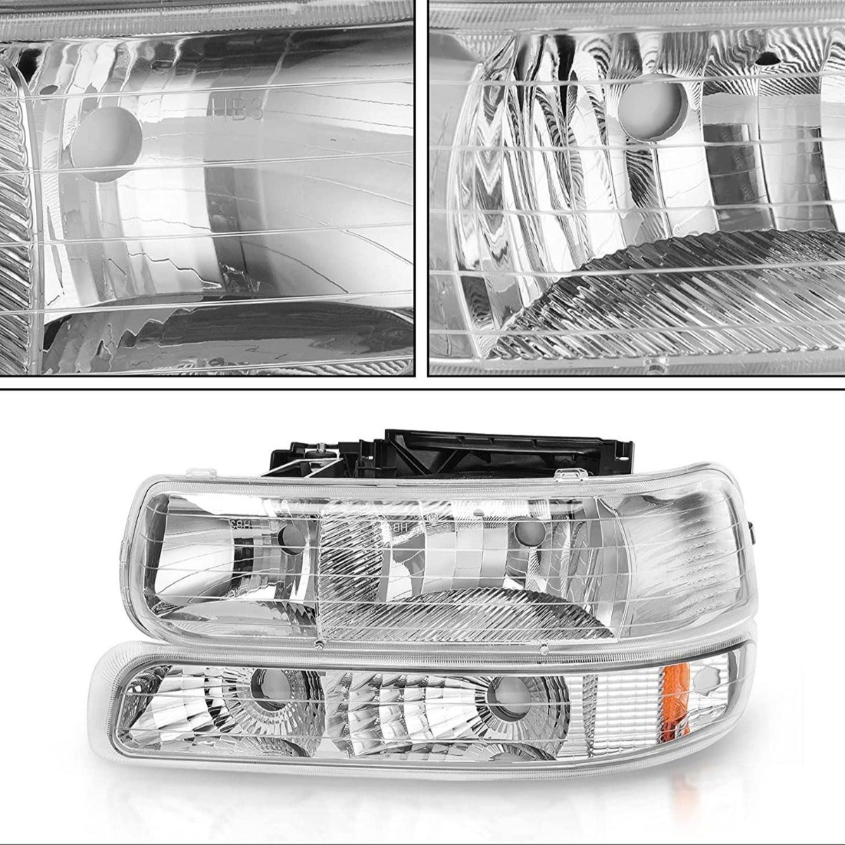 Side view of YITAMOTOR® 1999-2002 Chevy Silverado Chrome Housing Replacement Headlights + Clear Lens Taillights Combo