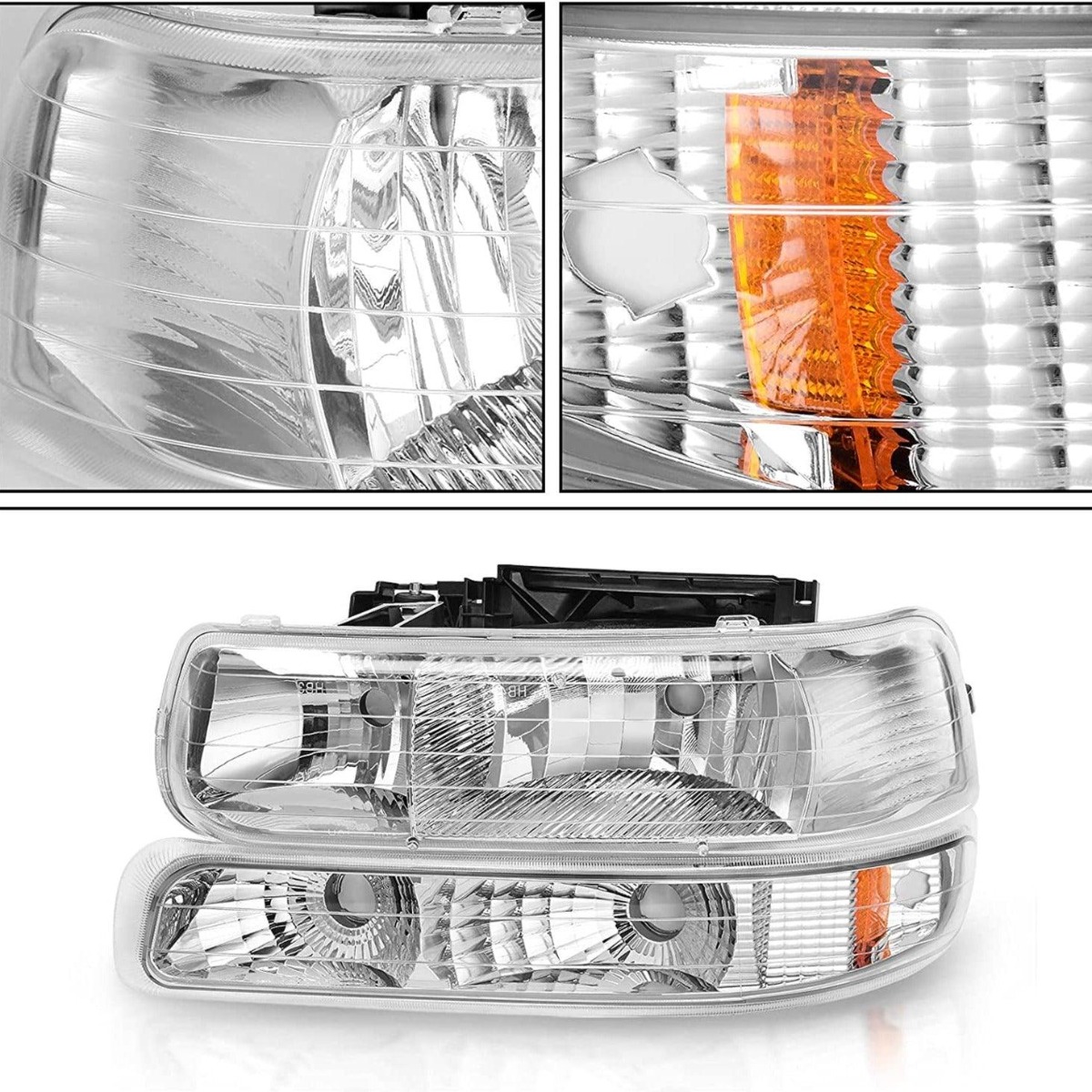 Side view of YITAMOTOR® 1999-2002 Chevy Silverado Chrome Housing Replacement Headlights + Clear Lens Taillights Combo