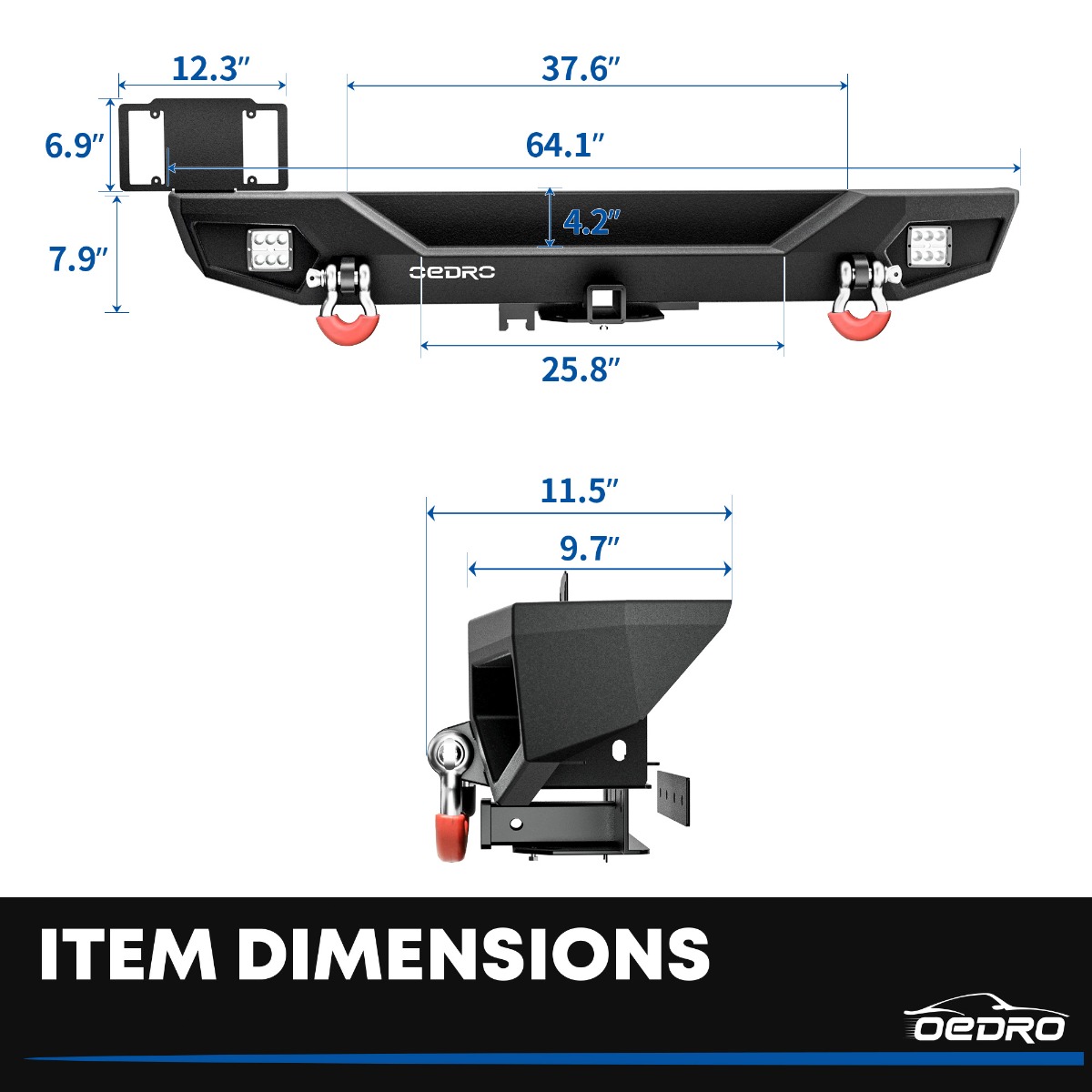 Side view of OEDRO Rear Bumper for 2018-2025 Jeep Wrangler JL, Rock Crawler Bumper with Hitch Receiver 2 x LED Lights & 2 x D-Rings (Not for JK)