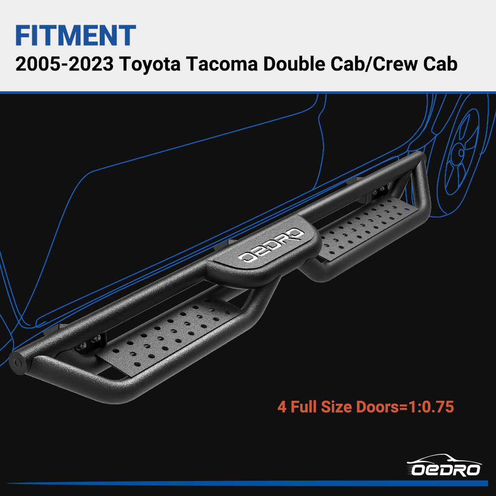 Side view of OEDRO 6" Running Boards Steps Nerf Bars for 2005-2023 Toyota Tacoma Double Cab(4 Full doors Size=1:0.75)