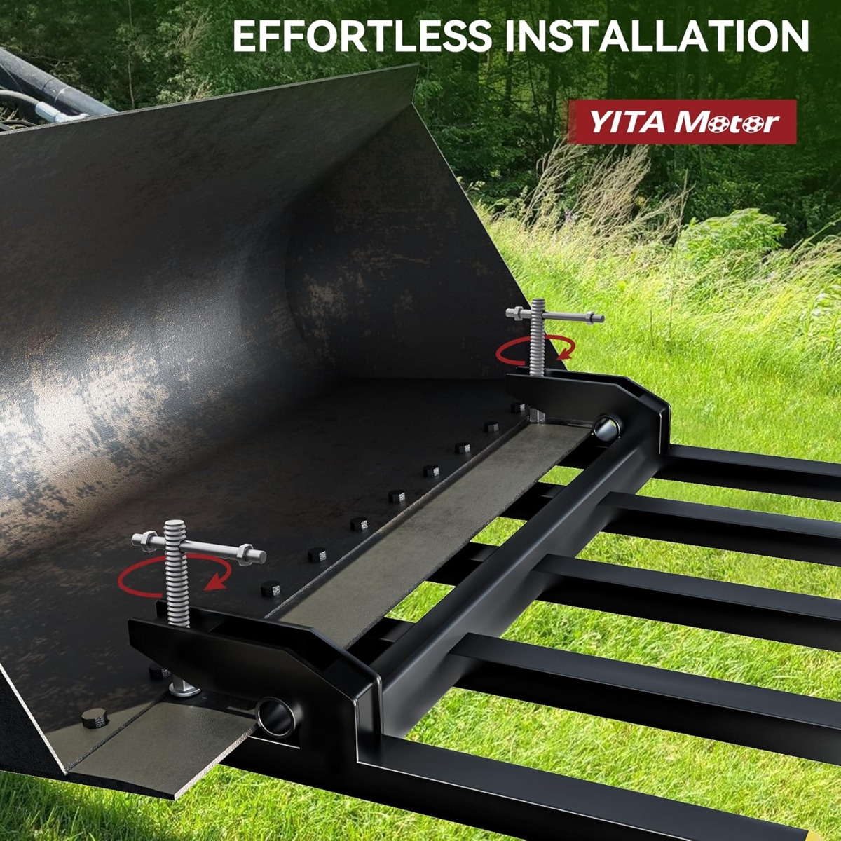 Side view of YITAMOTOR 48" Clamp-On Debris/Utility Forks, 2500 lb Capacity | Fits Skid Steer & Tractor Loader Buckets