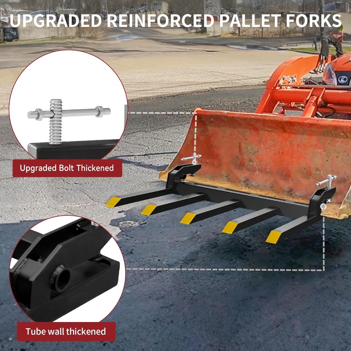 Side view of YITAMOTOR 48" Clamp-On Debris/Utility Forks, 2500 lb Capacity | Fits Skid Steer & Tractor Loader Buckets