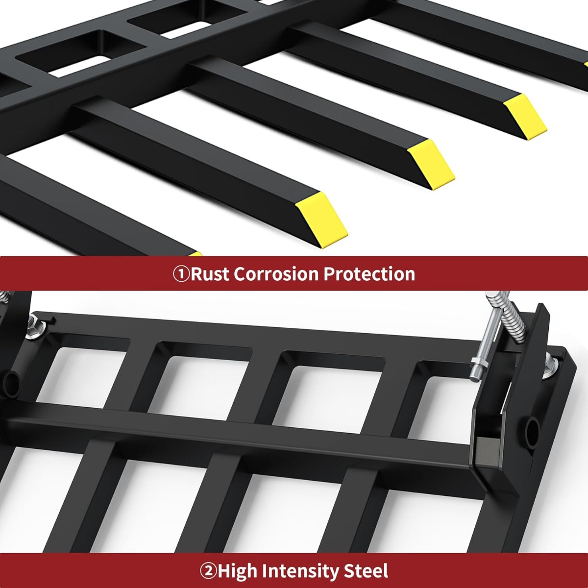 Side view of YITAMOTOR 48" Clamp-On Debris/Utility Forks, 2500 lb Capacity | Fits Skid Steer & Tractor Loader Buckets